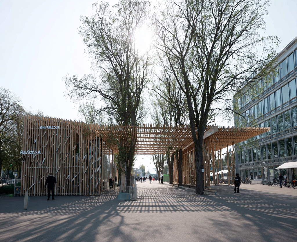 Modulares Pavillon-Ensemble mit Holzlamellenstruktur im urbanen Raum