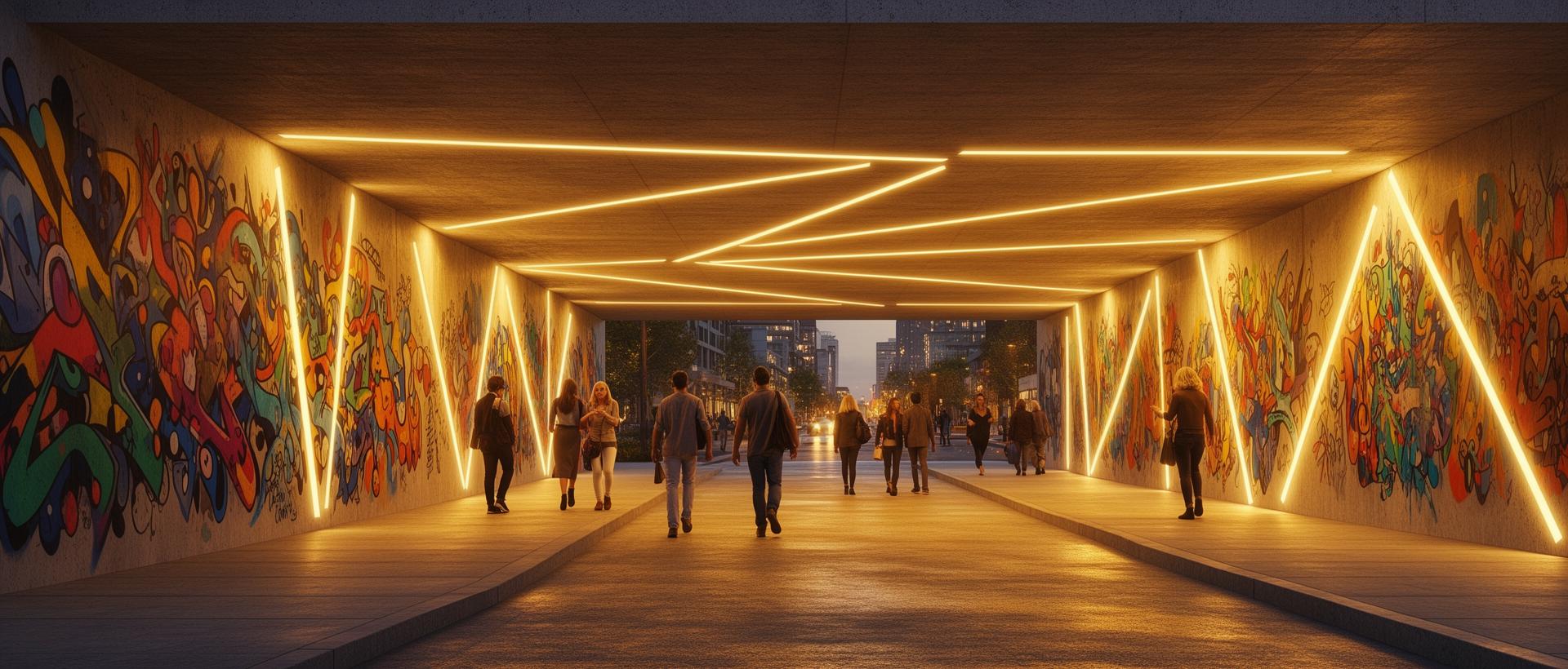 Unterführung+ – Transformierte Unterführung mit Wandmalerei und Lichtdesign
