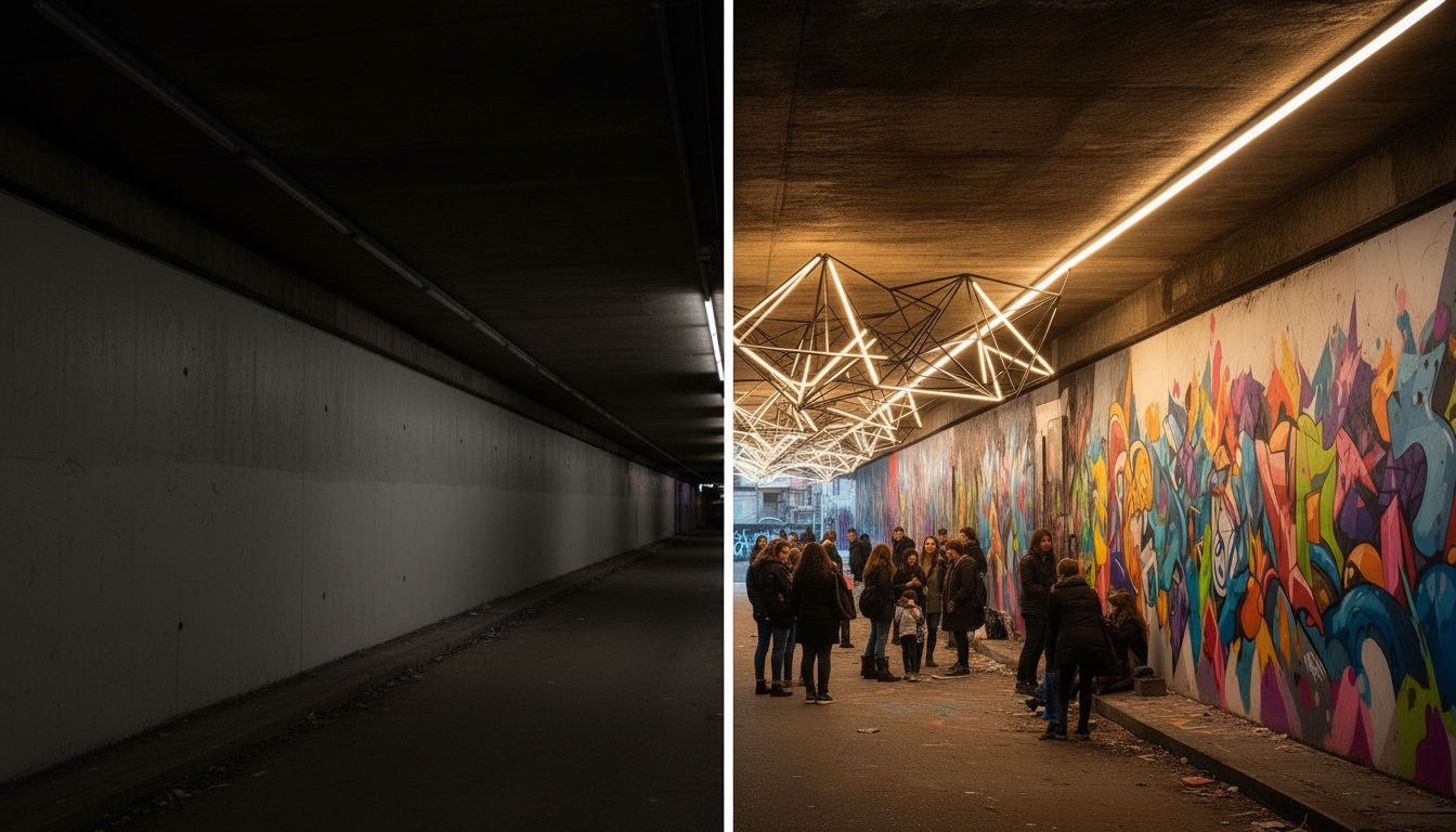 Lichtinstallation in einer Unterführung – vorher und nachher
