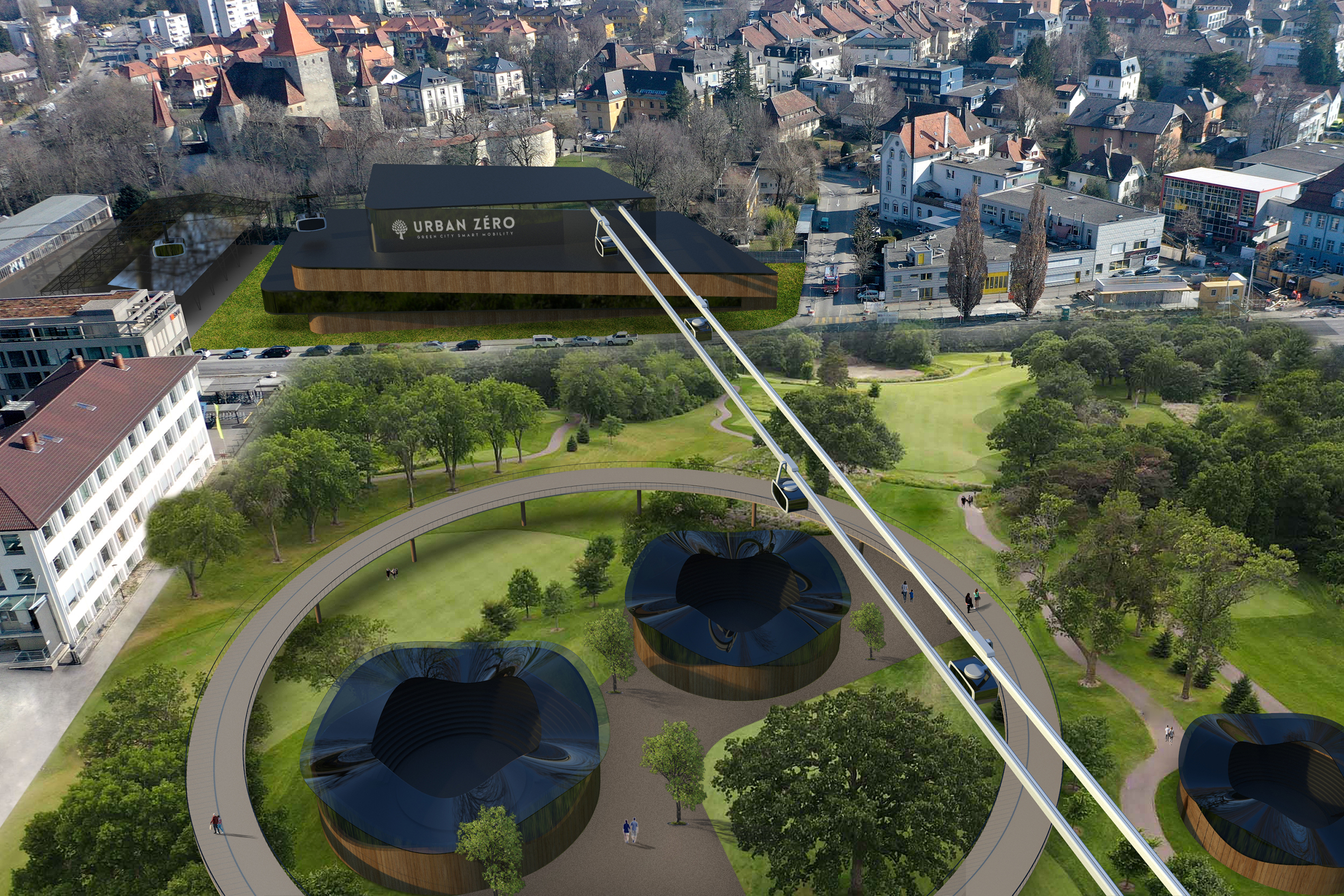 The ropeway station connects the city with the lake. The space is turned into a park with pavillons that can be used year round. A vision by Zeropolis.